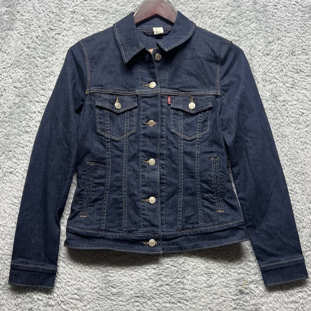 Levis Trucker Jacket Womens Small Blue Dark Wash Denim Button Up Pockets